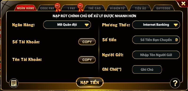 Cách nạp tiền 68 Game Bài