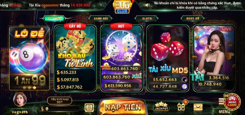 Giao diện cổng game HitClub