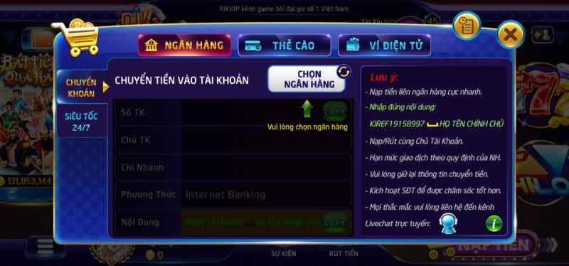 Hướng dẫn nạp tiền vào tài khoản RikVIP 