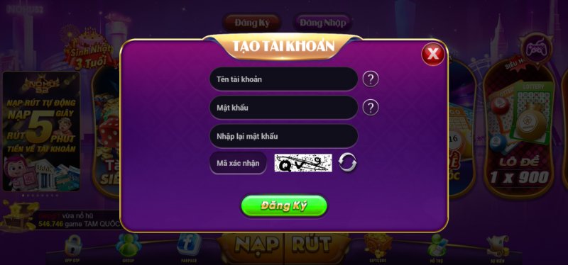 Thao tác đăng ký vào cổng game uy tín NoHu52