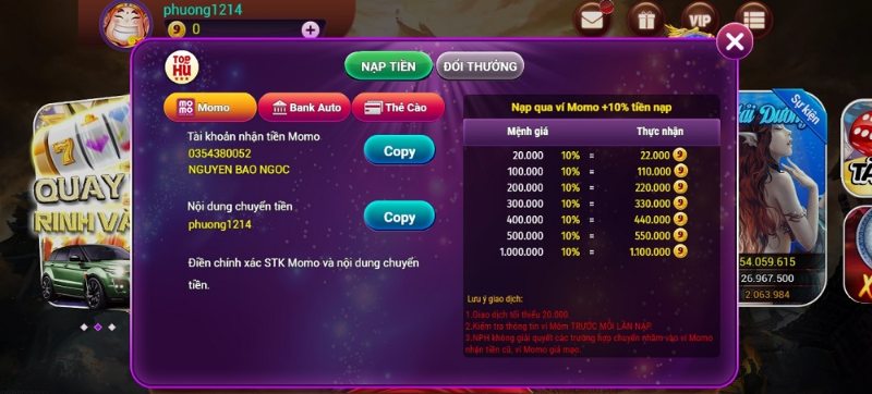 Quy trình nạp tiền 9FUN trải nghiệm game cá cược