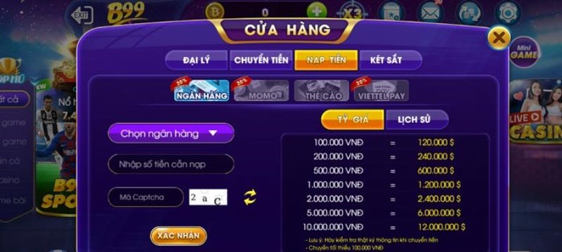 Quy trình nạp tiền B99 để trải nghiệm trọn bộ game hay