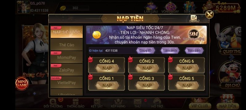 Quy trình nạp tiền TWIN68 siêu tốc